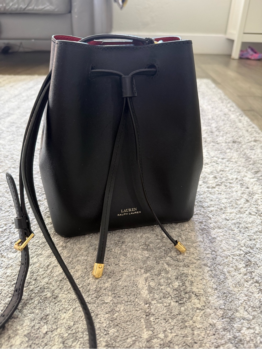 Lauren Ralph Lauren Black Leather Drawstring Crossbody with Gold Accents